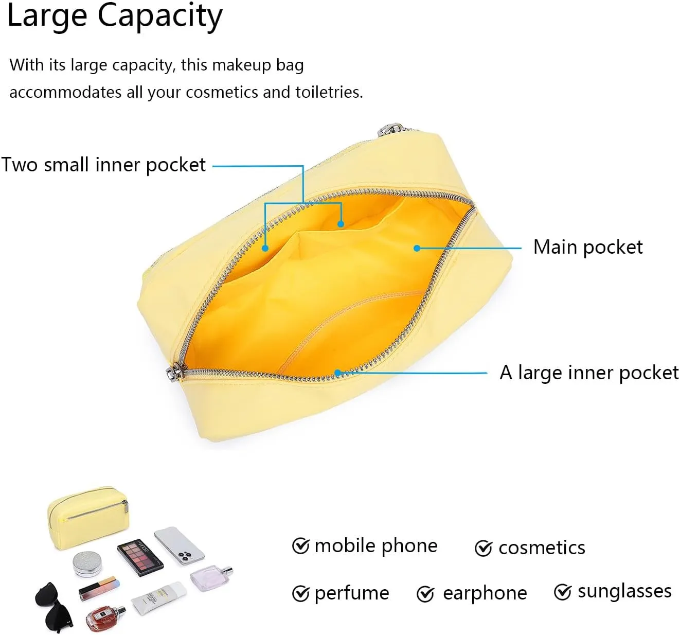 Nylon Female cosmetic bags Canvas toiletry bags Wash bags with large capacity Simple design (Nylon/Yellow)