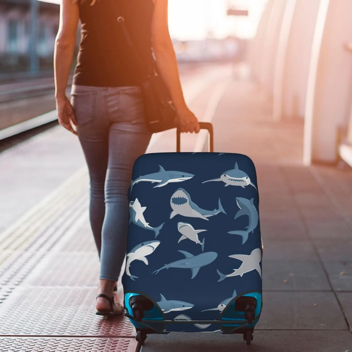 Ocean Shark Print Washable Suitcase Cover Protective Luggage Cover Anti Scratch Travel Gear Protector