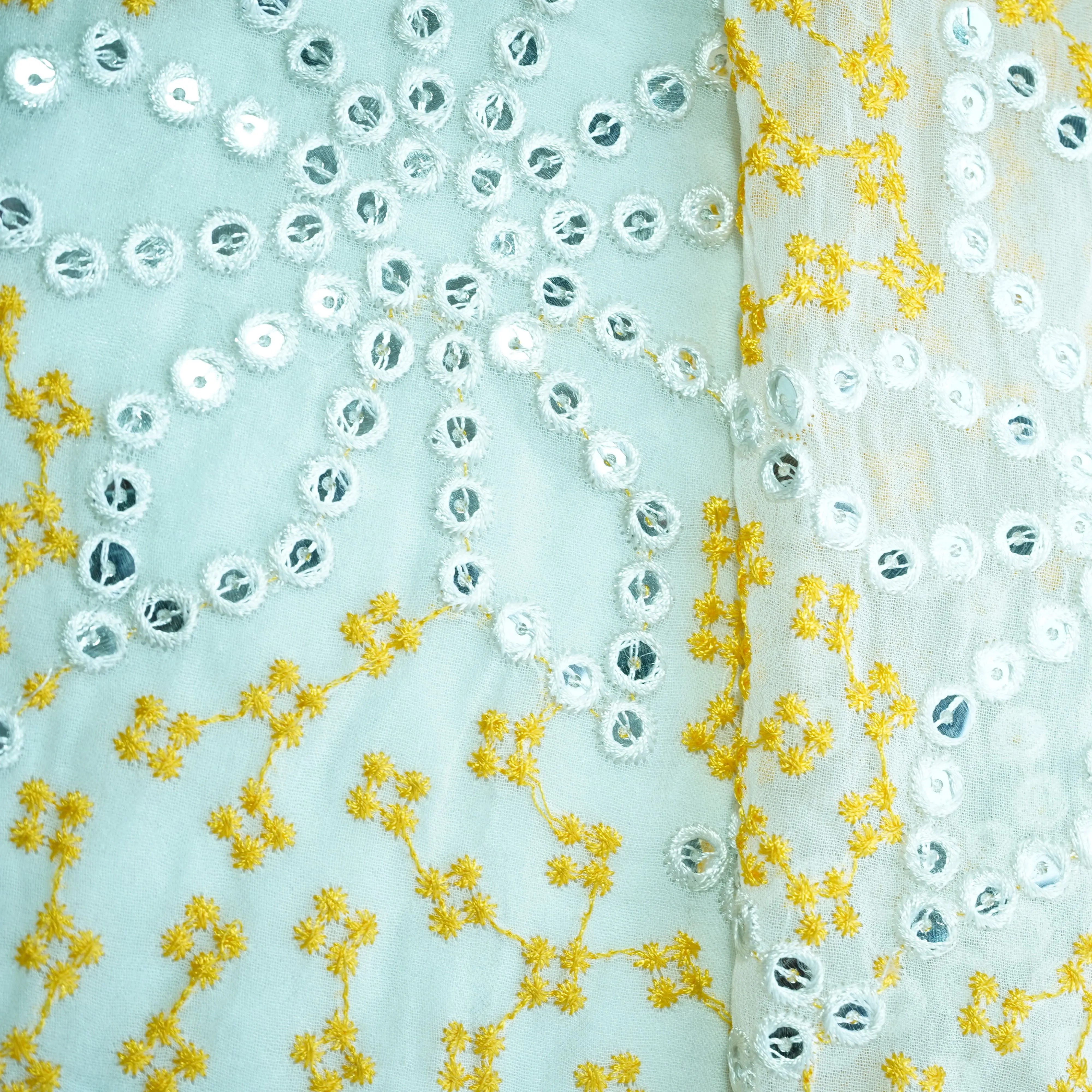 Off White Yellow Thread Embroidery Georgette Fabric