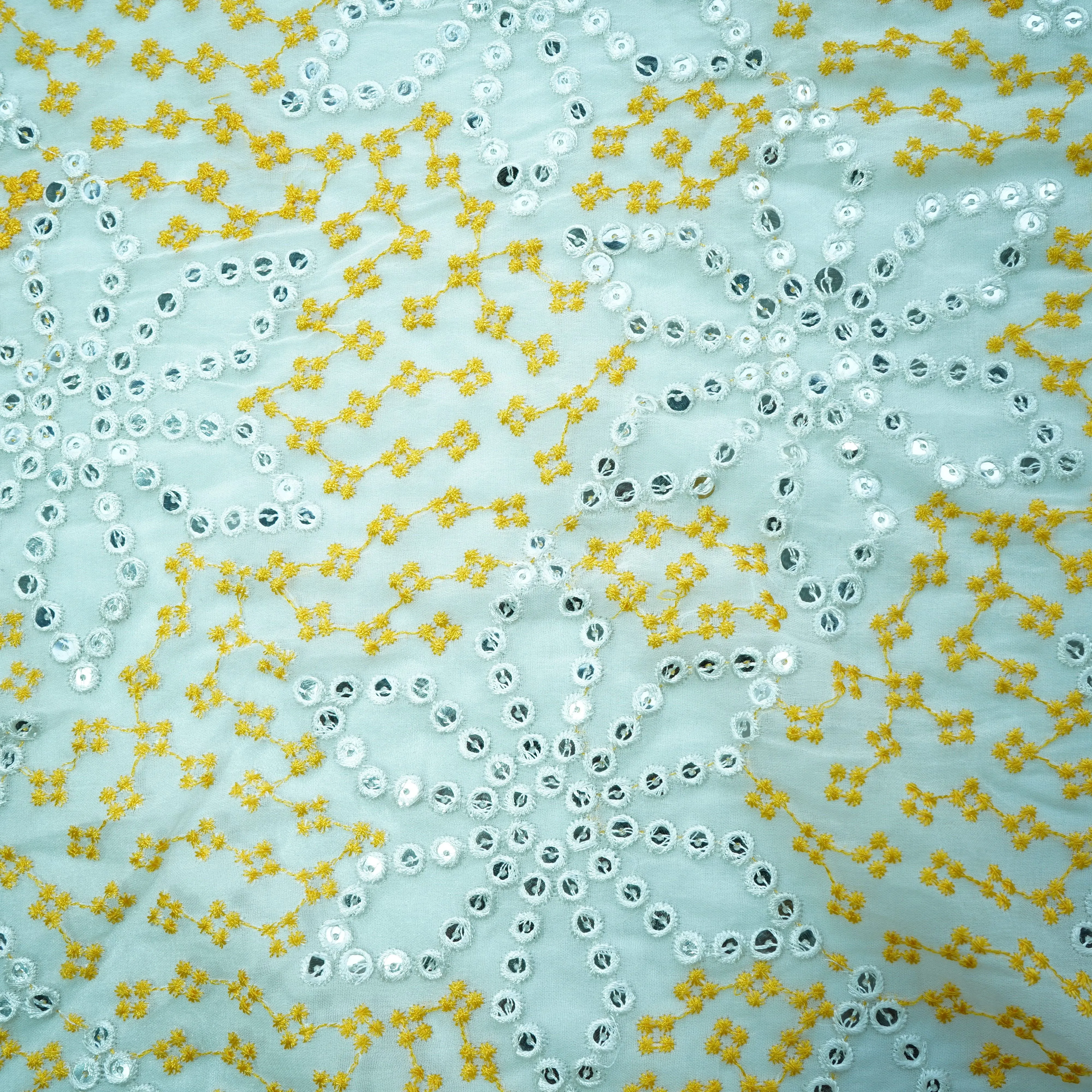 Off White Yellow Thread Embroidery Georgette Fabric