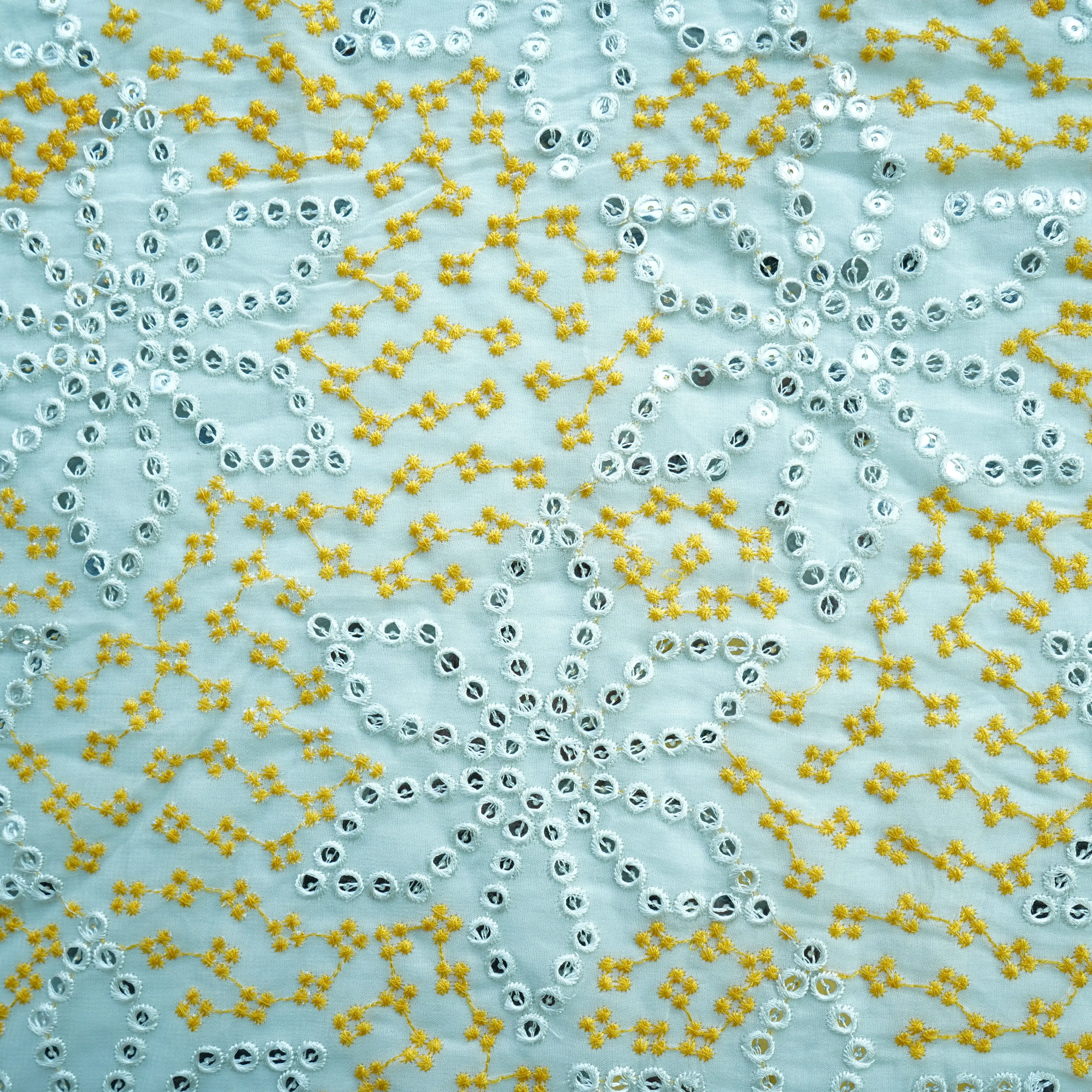 Off White Yellow Thread Embroidery Georgette Fabric