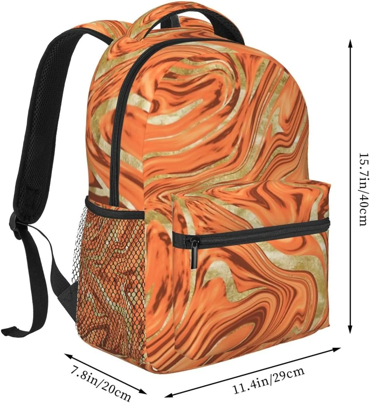 Orange Brown Gold Marble Backpack Double Shoulder Bag 15 Inch Laptop Bagpack for Hiking Work Camping Travel