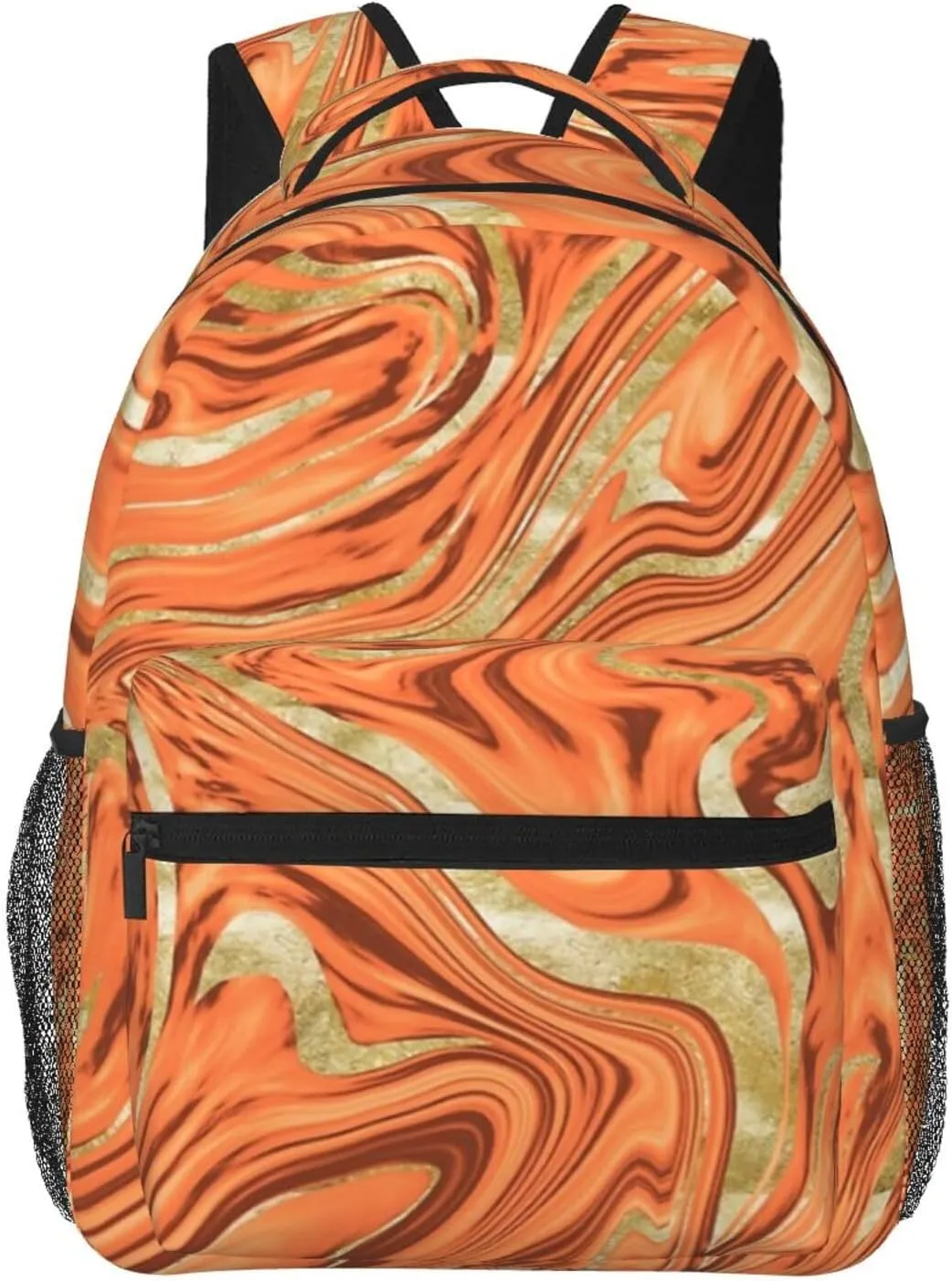 Orange Brown Gold Marble Backpack Double Shoulder Bag 15 Inch Laptop Bagpack for Hiking Work Camping Travel