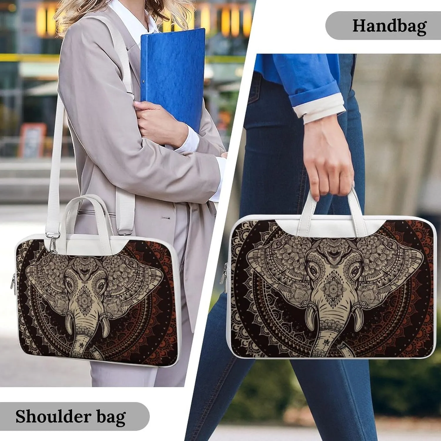 Oriental Elephant Mandala Circle Leather Bag Laptop Case Slim Water Resistant Computer Bags with Handle Briefcase for Work