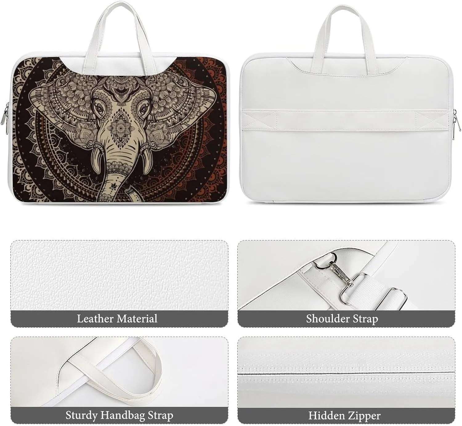 Oriental Elephant Mandala Circle Leather Bag Laptop Case Slim Water Resistant Computer Bags with Handle Briefcase for Work