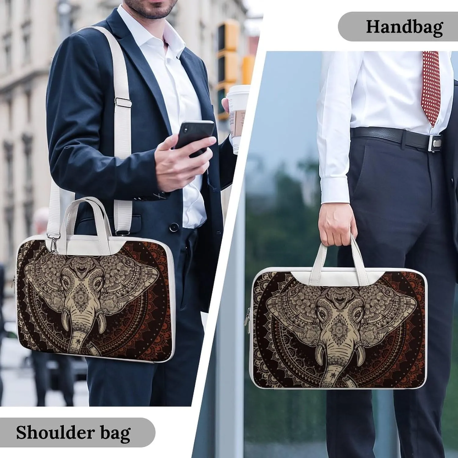 Oriental Elephant Mandala Circle Leather Bag Laptop Case Slim Water Resistant Computer Bags with Handle Briefcase for Work