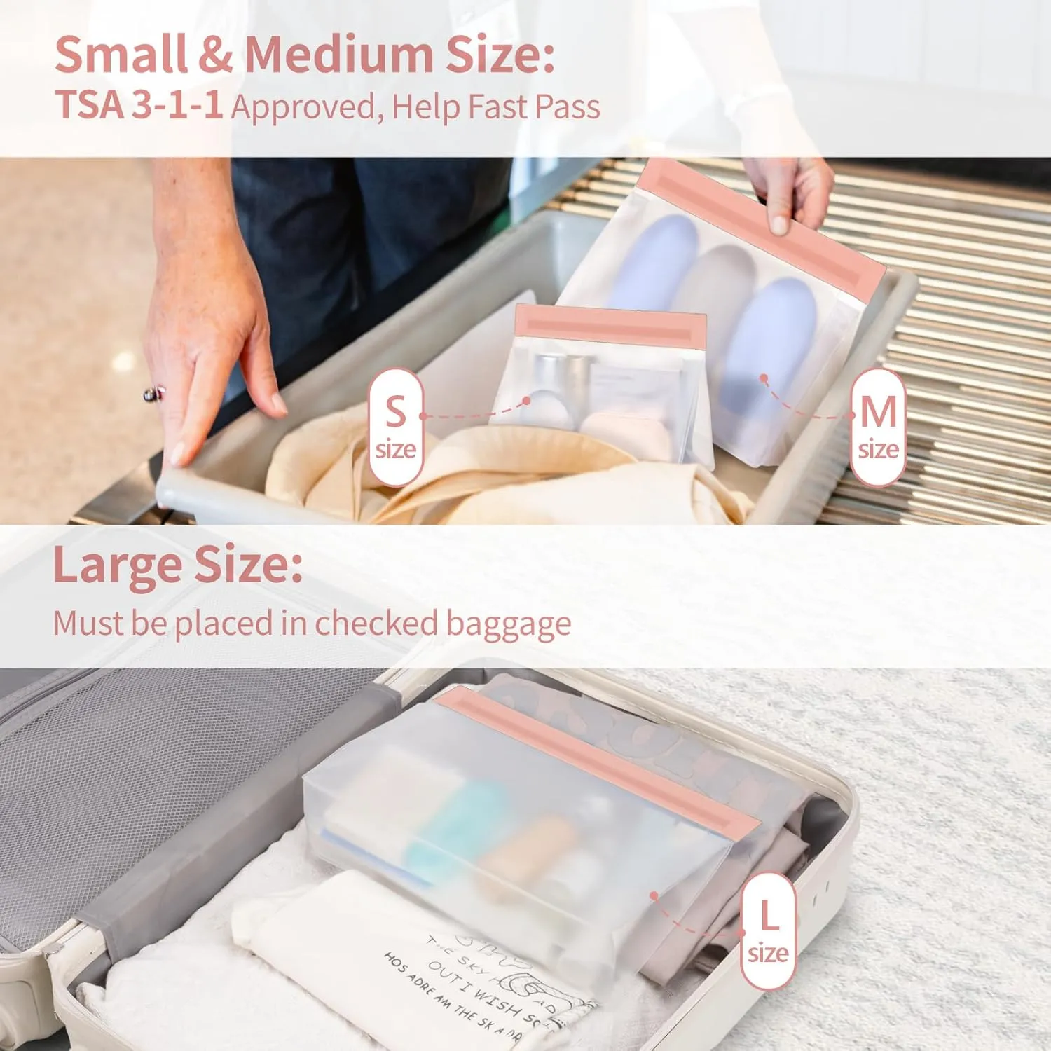 PACKISM Leakpoof Clear Cosmetic Bags - Sealed TSA Approved Toiletry Bags, Reusable and Easy to Clean, Semi-Transparent Clear Toiletry Bag, Carry on Airport Airline Compliant Bag, 1L 2M 1S, Pink