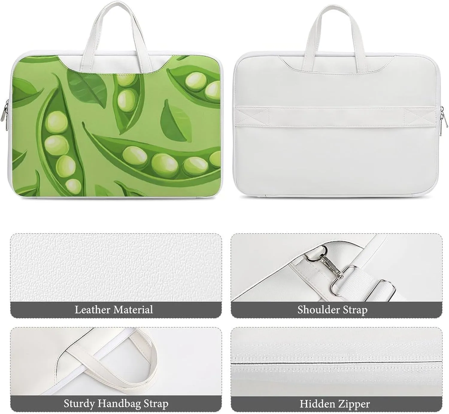 Pea Pod Green Leaves Leather Bag Laptop Case Slim Water Resistant Computer Bags with Handle Briefcase for Work