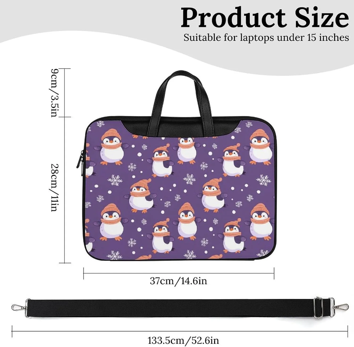 Penguin Snowflake Purple Polka Dot Leather Bag Laptop Case Slim Water Resistant Computer Bags with Handle Briefcase for Work