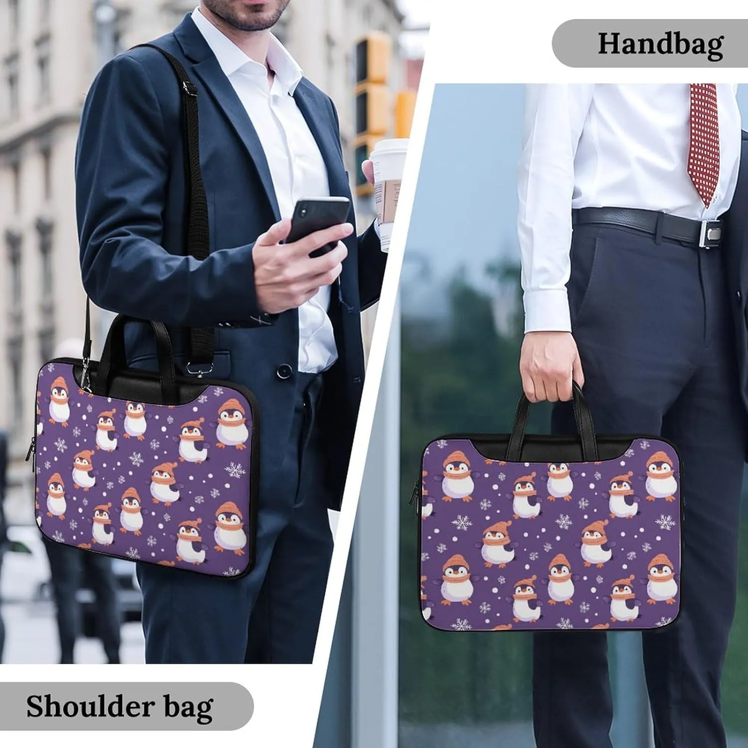 Penguin Snowflake Purple Polka Dot Leather Bag Laptop Case Slim Water Resistant Computer Bags with Handle Briefcase for Work