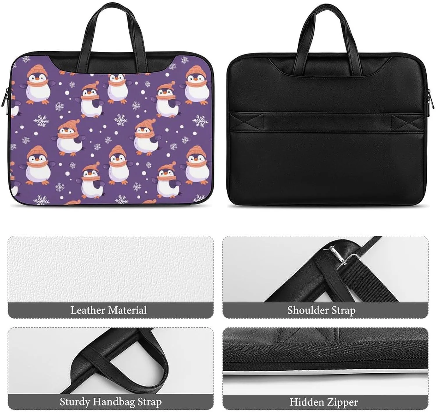 Penguin Snowflake Purple Polka Dot Leather Bag Laptop Case Slim Water Resistant Computer Bags with Handle Briefcase for Work