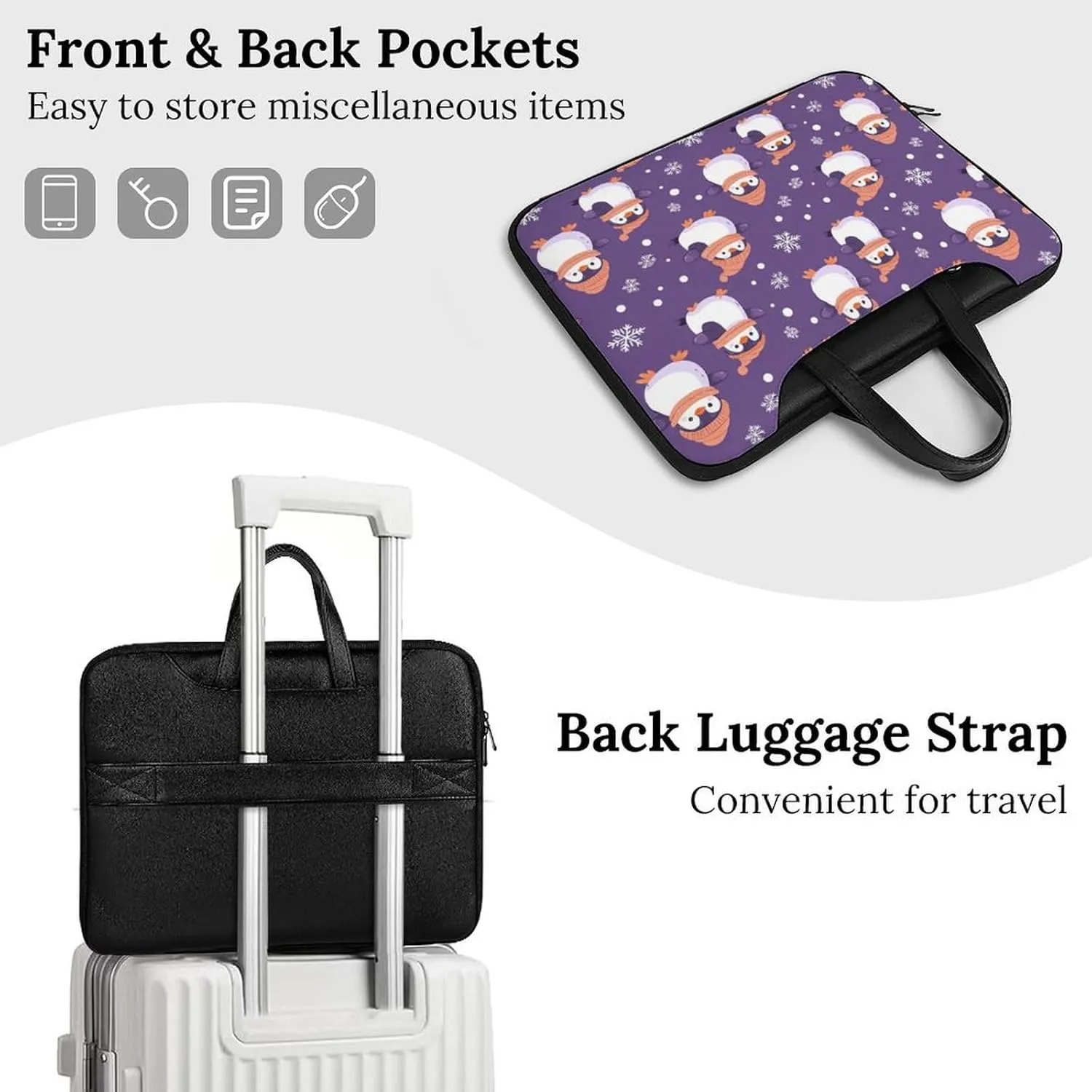 Penguin Snowflake Purple Polka Dot Leather Bag Laptop Case Slim Water Resistant Computer Bags with Handle Briefcase for Work