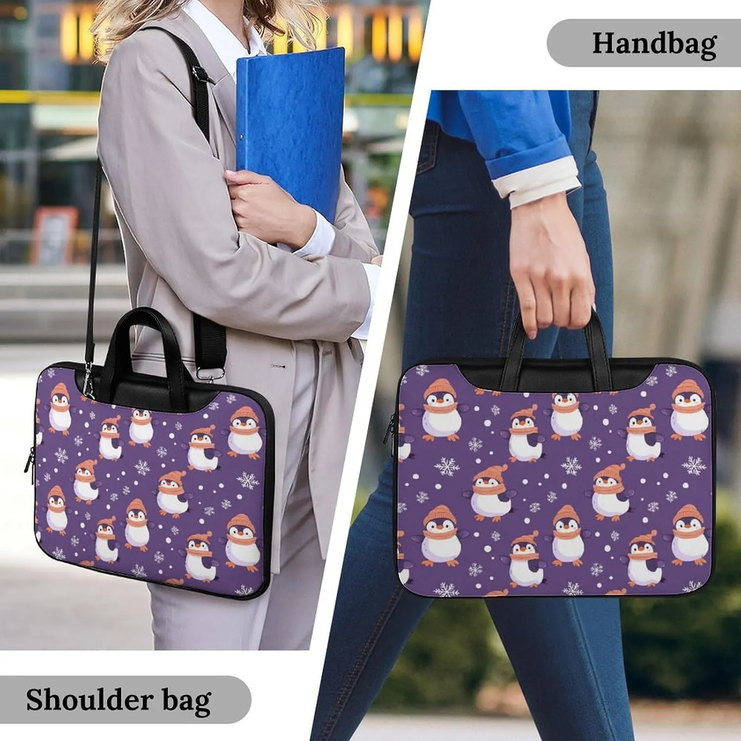 Penguin Snowflake Purple Polka Dot Leather Bag Laptop Case Slim Water Resistant Computer Bags with Handle Briefcase for Work