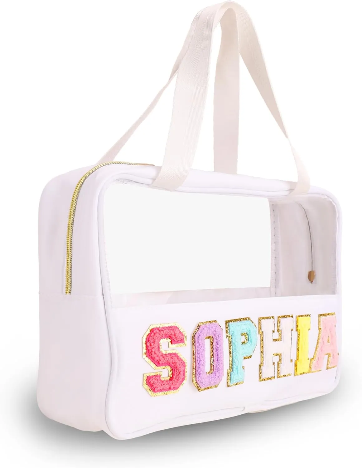 Personalized Clear Makeup Bag Custom Preppy Travel Pouches with Handle Customized Zipper Bag with Chenille Letter Aesthetic Storage Organizer Pouches for Women