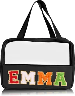 Personalized Clear Makeup Bag Custom Preppy Travel Pouches with Handle Customized Zipper Bag with Chenille Letter Aesthetic Storage Organizer Pouches for Women