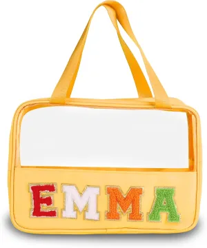 Personalized Clear Makeup Bag Custom Preppy Travel Pouches with Handle Customized Zipper Bag with Chenille Letter Aesthetic Storage Organizer Pouches for Women