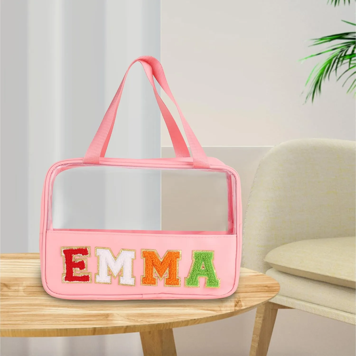 Personalized Clear Makeup Bag Custom Preppy Travel Pouches with Handle Customized Zipper Bag with Chenille Letter Aesthetic Storage Organizer Pouches for Women