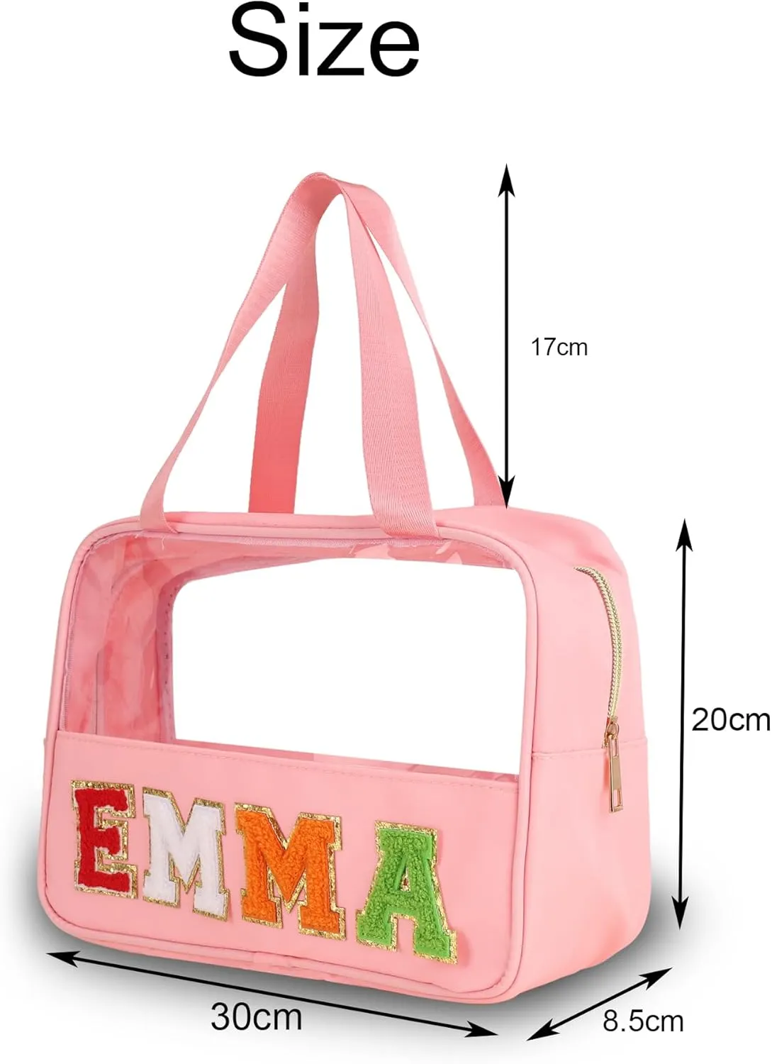 Personalized Clear Makeup Bag Custom Preppy Travel Pouches with Handle Customized Zipper Bag with Chenille Letter Aesthetic Storage Organizer Pouches for Women