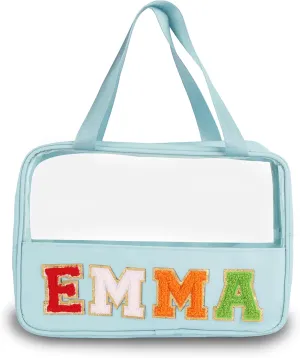Personalized Clear Makeup Bag Custom Preppy Travel Pouches with Handle Customized Zipper Bag with Chenille Letter Aesthetic Storage Organizer Pouches for Women