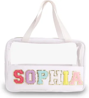 Personalized Clear Makeup Bag Custom Preppy Travel Pouches with Handle Customized Zipper Bag with Chenille Letter Aesthetic Storage Organizer Pouches for Women