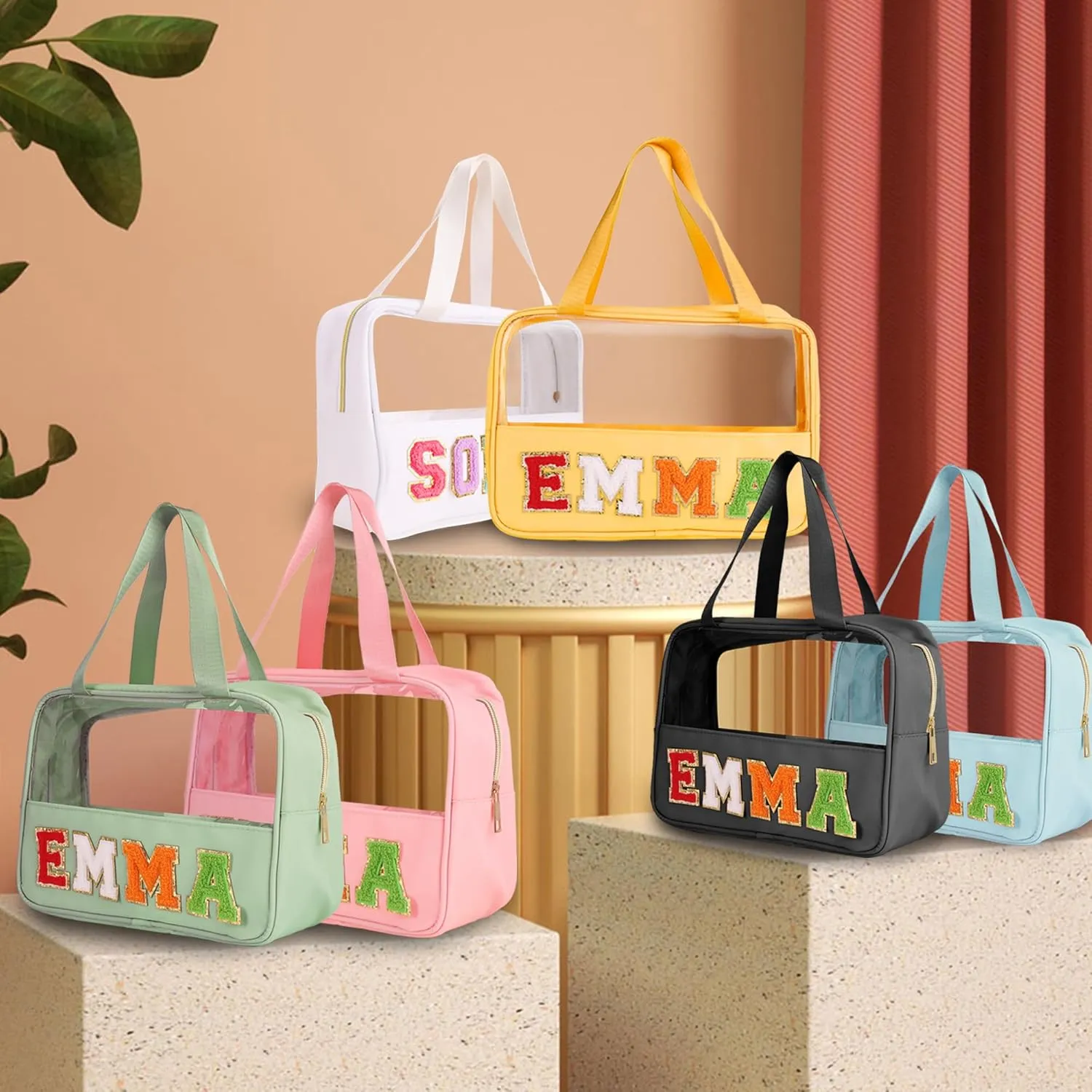 Personalized Clear Makeup Bag Custom Preppy Travel Pouches with Handle Customized Zipper Bag with Chenille Letter Aesthetic Storage Organizer Pouches for Women