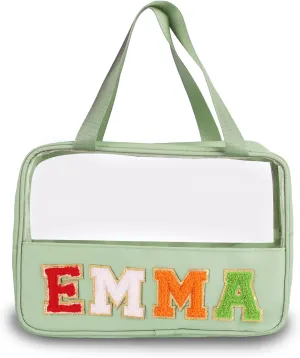 Personalized Clear Makeup Bag Custom Preppy Travel Pouches with Handle Customized Zipper Bag with Chenille Letter Aesthetic Storage Organizer Pouches for Women