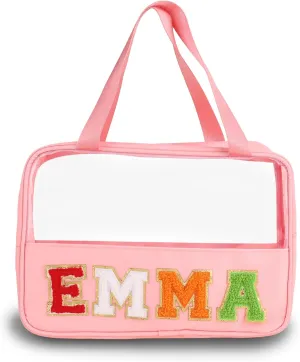 Personalized Clear Makeup Bag Custom Preppy Travel Pouches with Handle Customized Zipper Bag with Chenille Letter Aesthetic Storage Organizer Pouches for Women