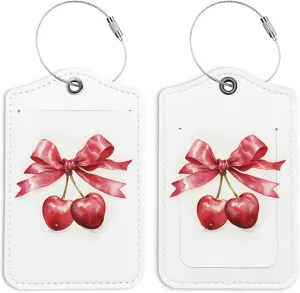 Pink Bow Cherries Luggage Tags for Suitcases, Preppy Coquette Luggage Tag, Back to School for Students, Trendy 2 Pack Luggage Tags for Travel, Teen Girls Gifts Suitcase Tags