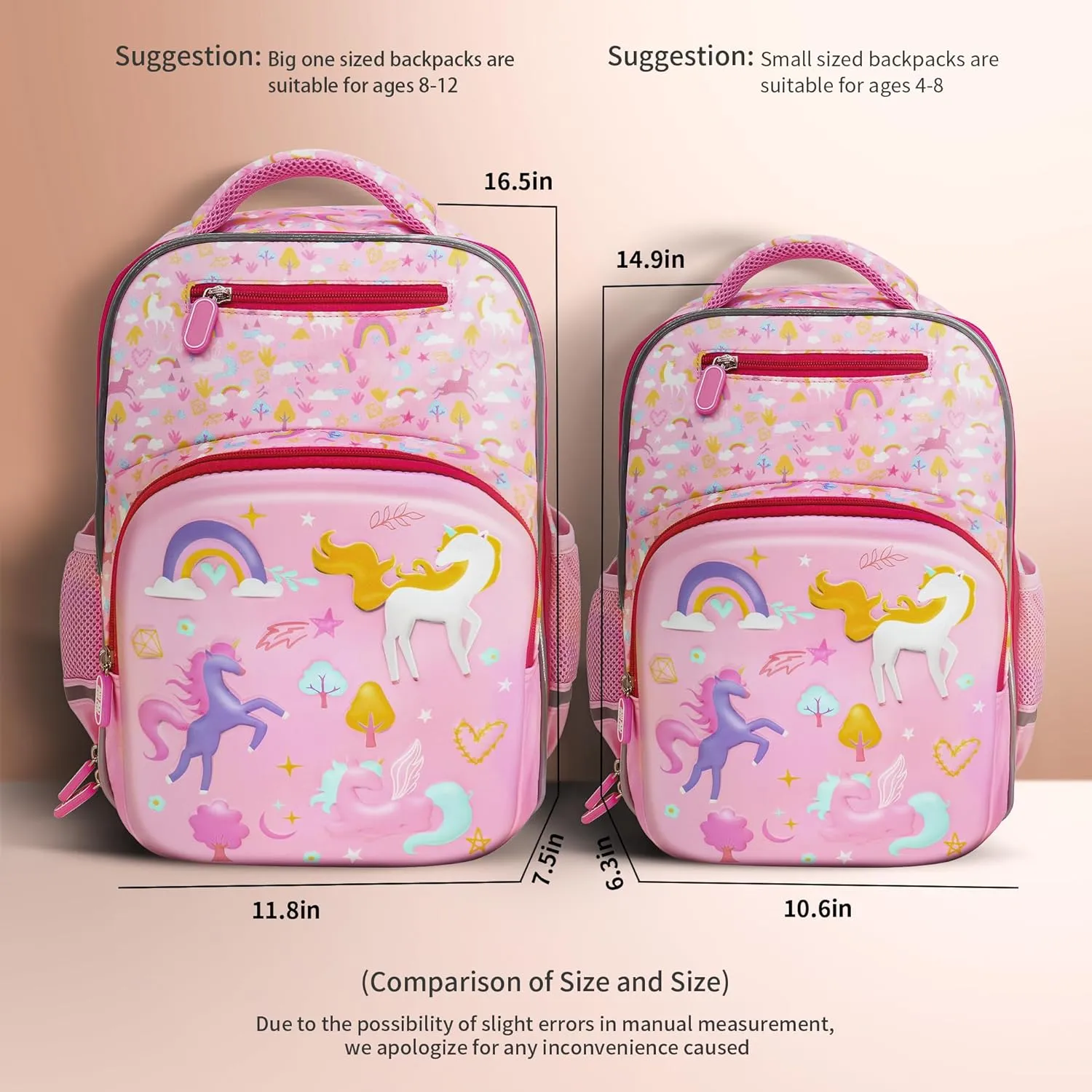 pink large capacity waterproof ergonomic kids unicorn travel backpack for school girls 6-12,16.5 inches