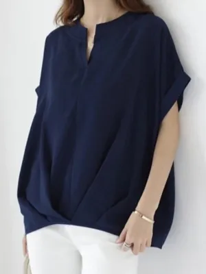 Pleated Solid Color Loose Plus Size V-neck T-Shirts Tops