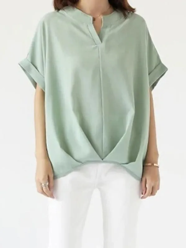 Pleated Solid Color Loose Plus Size V-neck T-Shirts Tops