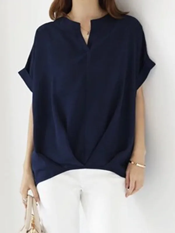 Pleated Solid Color Loose Plus Size V-neck T-Shirts Tops