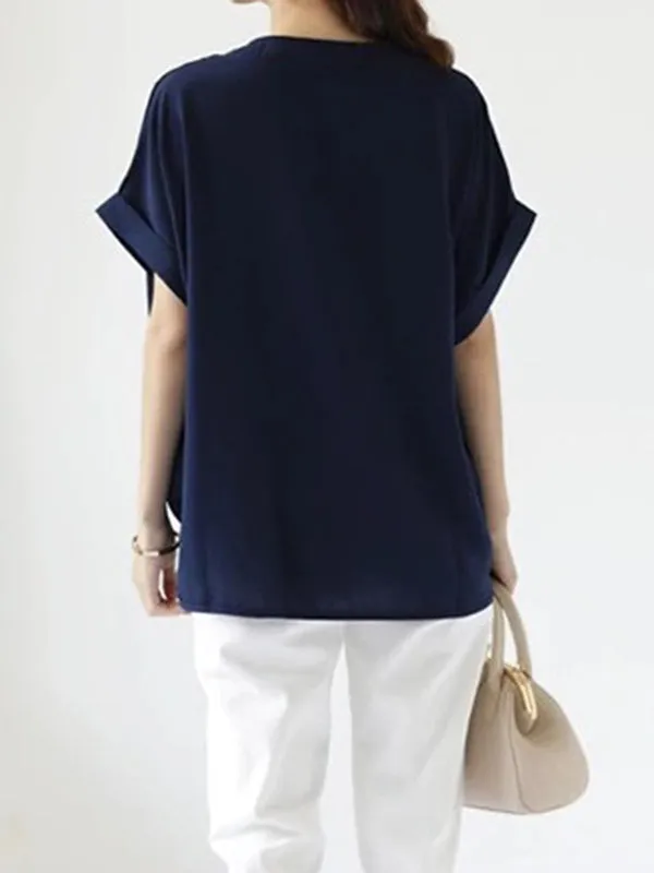 Pleated Solid Color Loose Plus Size V-neck T-Shirts Tops