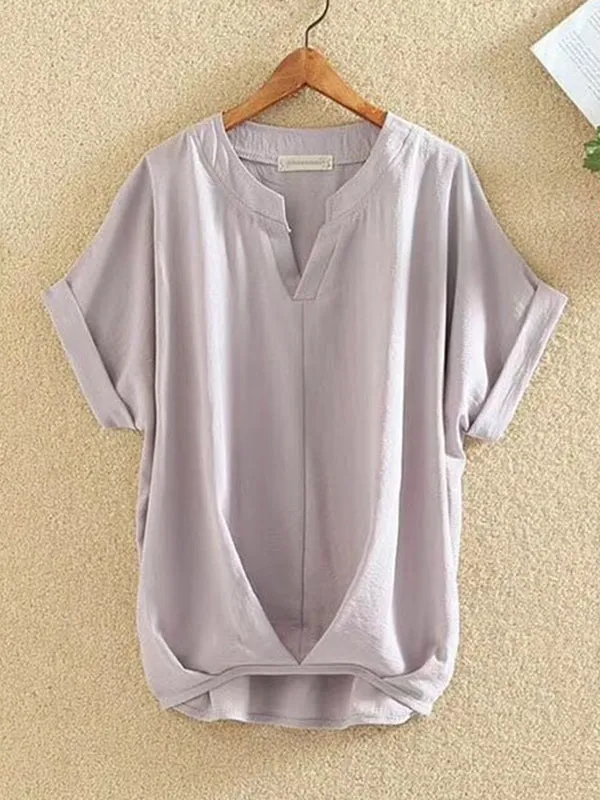 Pleated Solid Color Loose Plus Size V-neck T-Shirts Tops