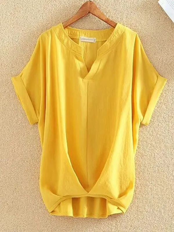 Pleated Solid Color Loose Plus Size V-neck T-Shirts Tops