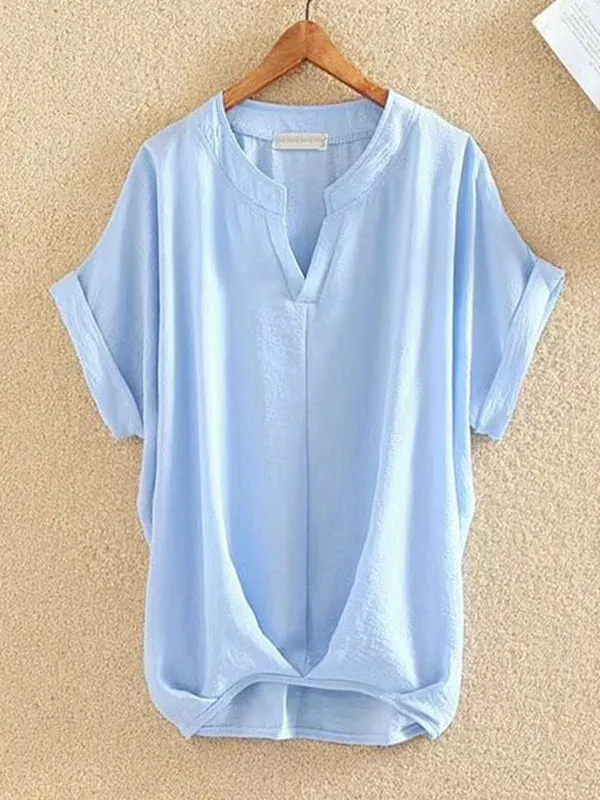 Pleated Solid Color Loose Plus Size V-neck T-Shirts Tops