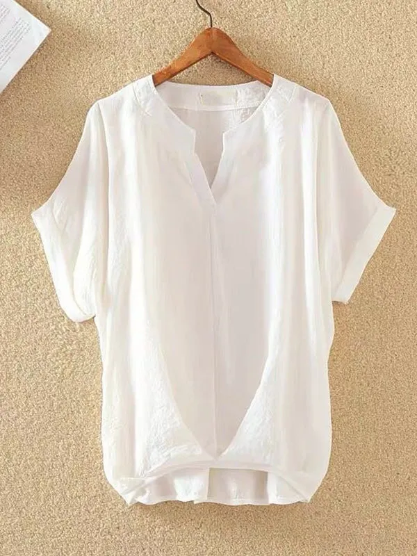 Pleated Solid Color Loose Plus Size V-neck T-Shirts Tops