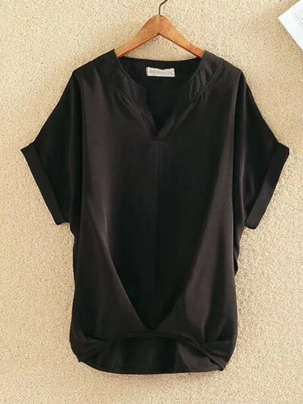 Pleated Solid Color Loose Plus Size V-neck T-Shirts Tops