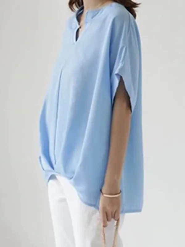 Pleated Solid Color Loose Plus Size V-neck T-Shirts Tops