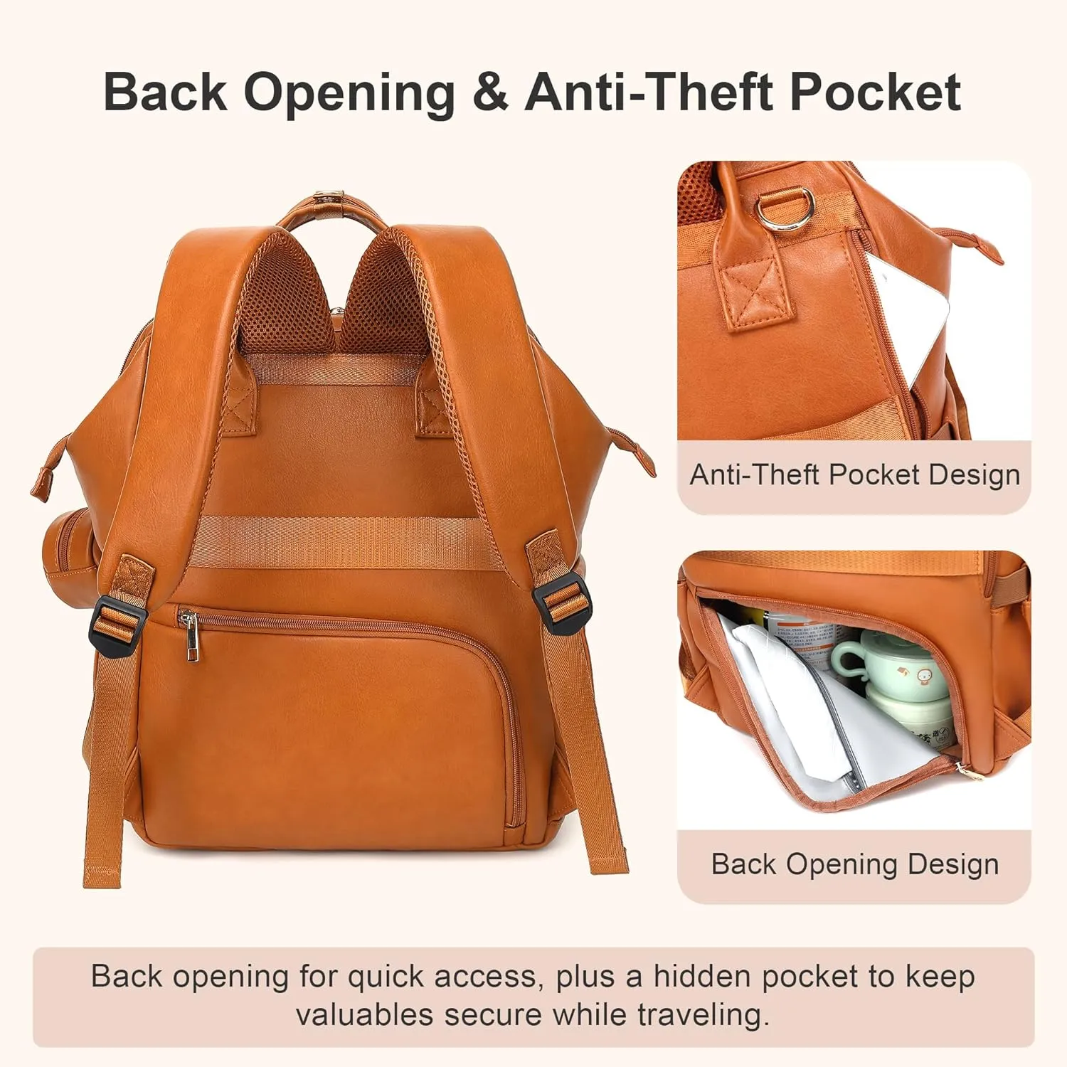 Premium Vegan Leather Diaper Bag Backpack with Waterproof Changing Pad  Reinforced Stitching & Zippers, Baby Bag for Boy Girl, Stroller Straps, Ergonomic Design for Traveling Moms, Brown