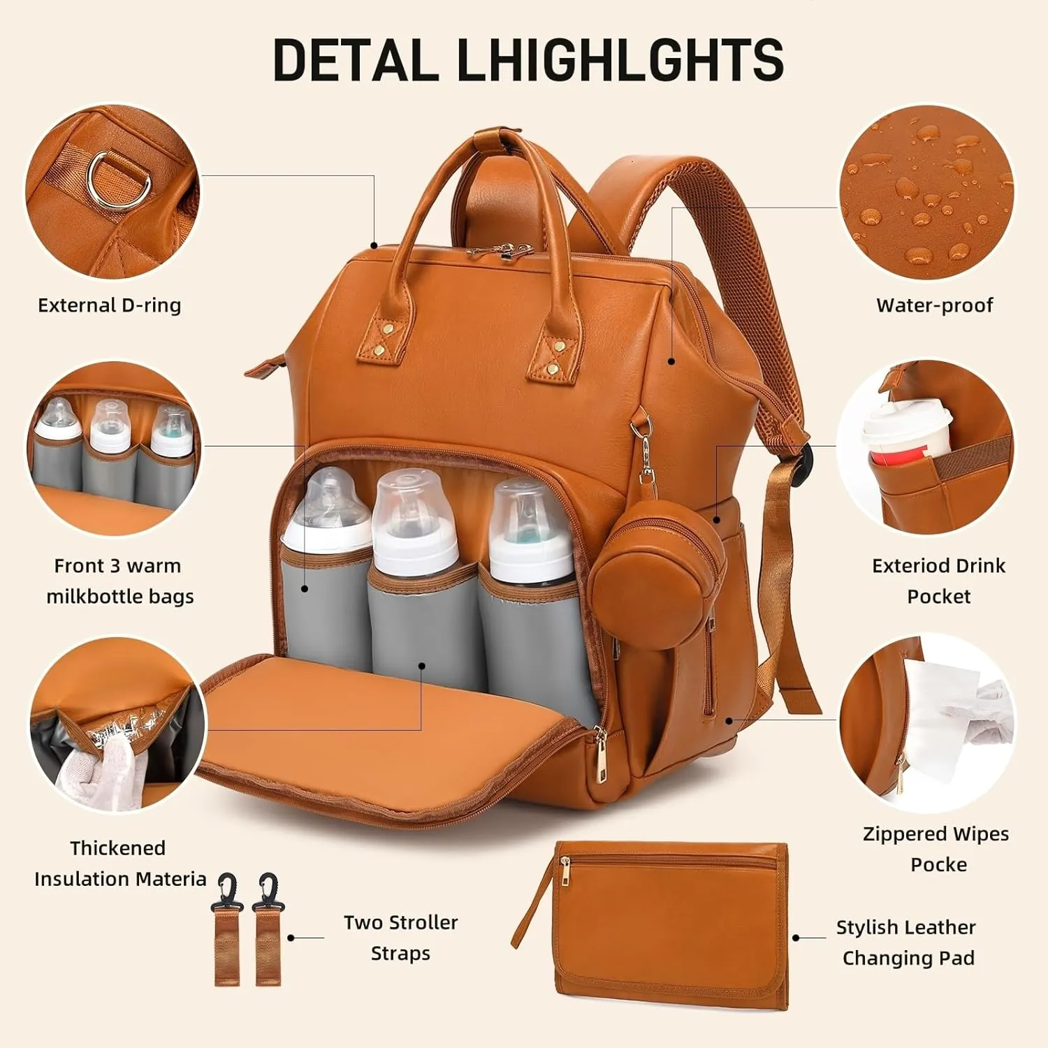 Premium Vegan Leather Diaper Bag Backpack with Waterproof Changing Pad  Reinforced Stitching & Zippers, Baby Bag for Boy Girl, Stroller Straps, Ergonomic Design for Traveling Moms, Brown