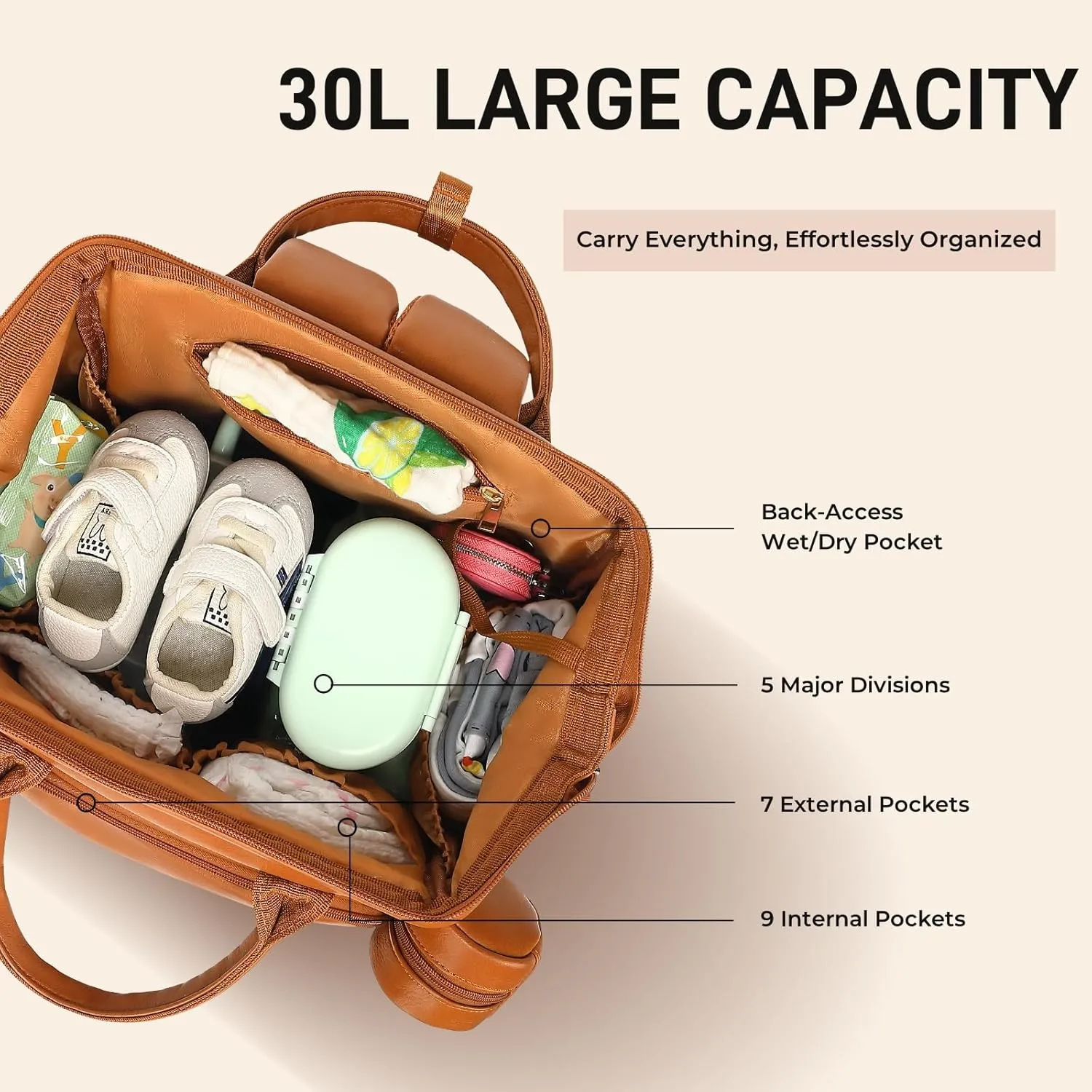 Premium Vegan Leather Diaper Bag Backpack with Waterproof Changing Pad  Reinforced Stitching & Zippers, Baby Bag for Boy Girl, Stroller Straps, Ergonomic Design for Traveling Moms, Brown