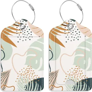 PU Leather Luggage Tags for Suitcase, Travel Cruise 2 Pack with Privacy Flap, Name ID Label and Metal Loop for Women Men Girls Baggage Bag Backpack Instrument, Boho Leaves