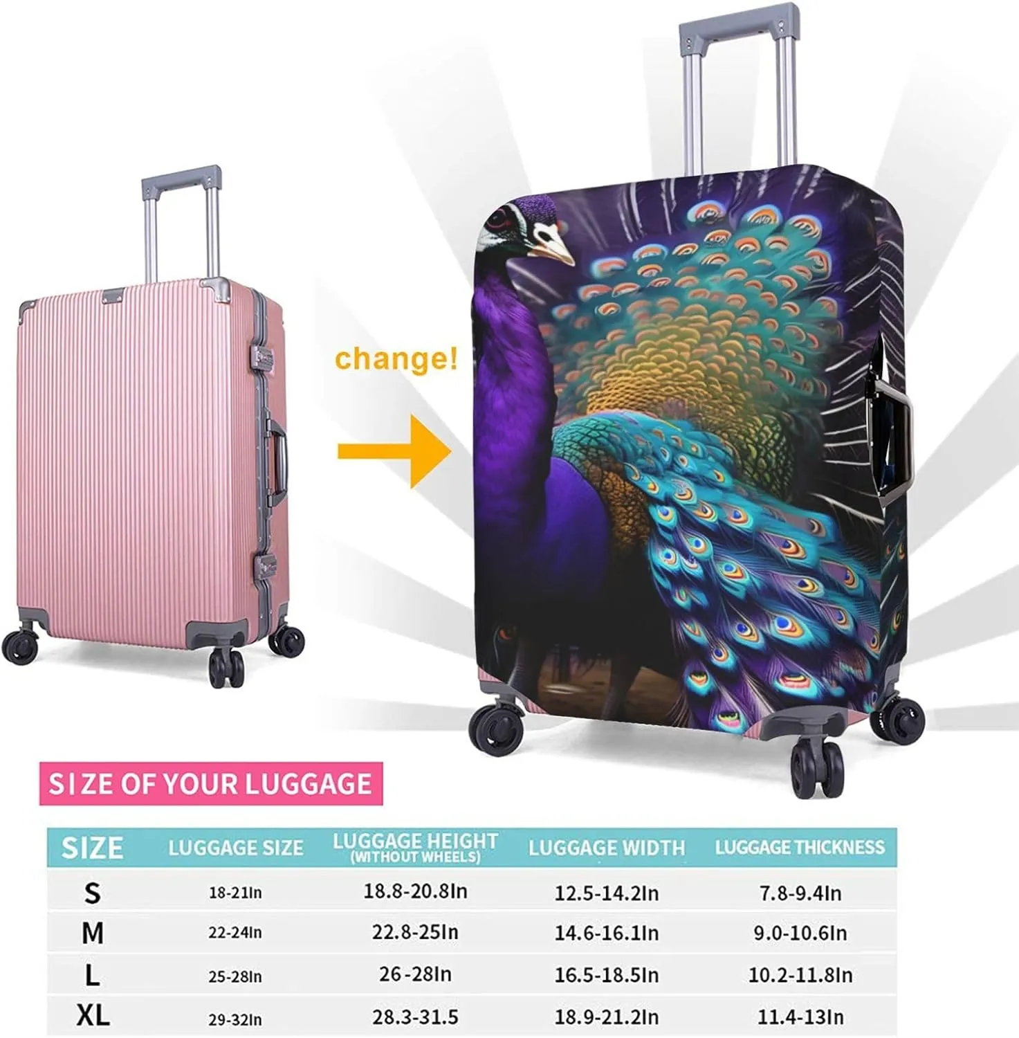 Purple Peacock Print Washable Suitcase Cover Protective Luggage Cover Anti Scratch Travel Gear Protector