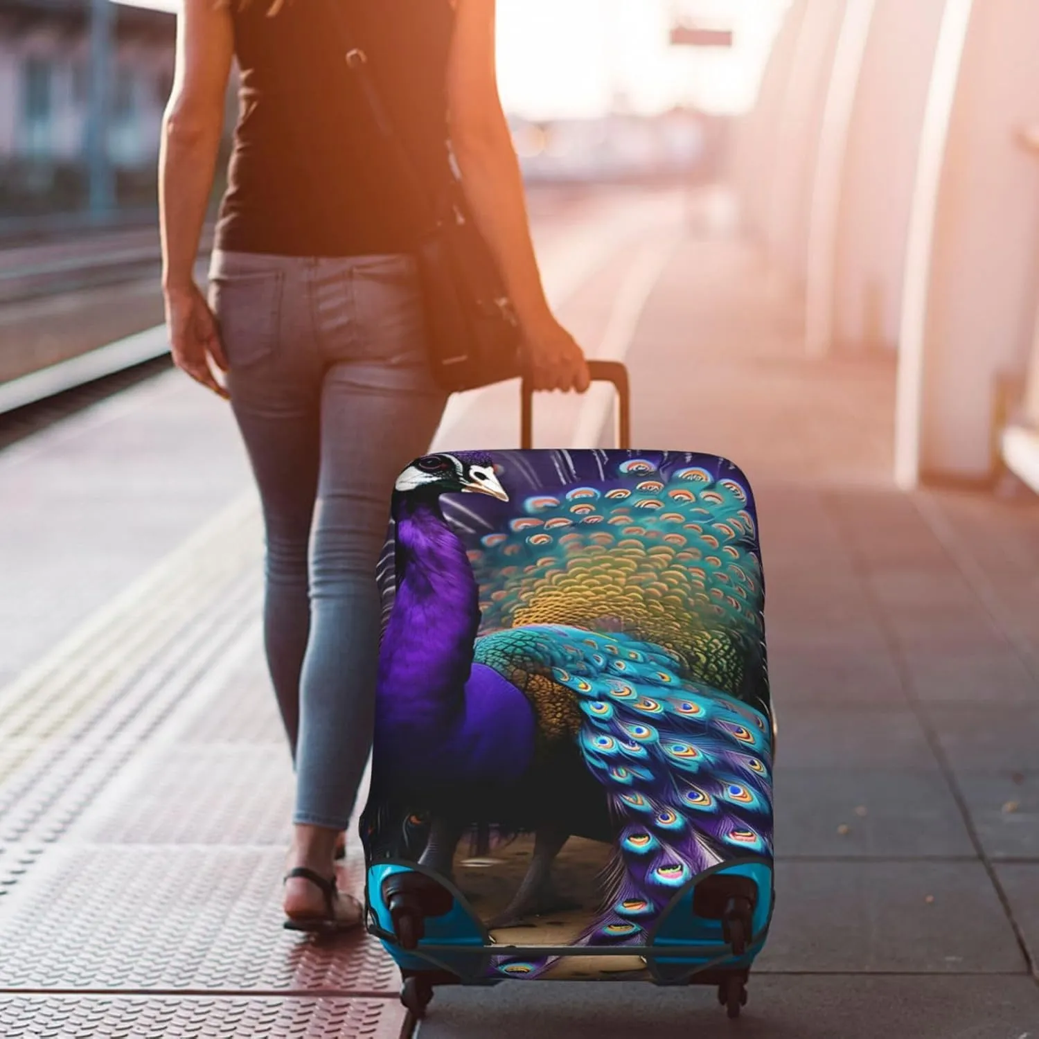 Purple Peacock Print Washable Suitcase Cover Protective Luggage Cover Anti Scratch Travel Gear Protector