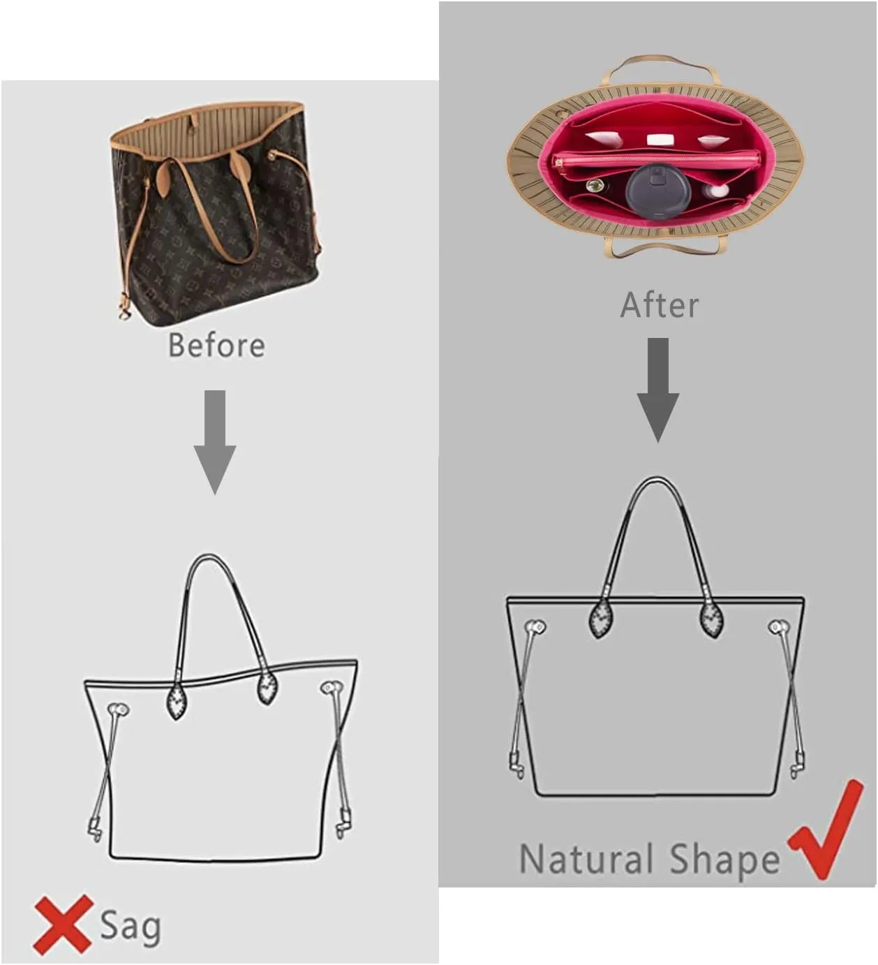 Purse Organizer Insert For Handbags, Purse Organizer With Zipper, Neverfull Organizer, Bag Organizer For Speedy Neverfull ONTHEGO Tote, Handbag and More (Silky Rosy, X-Large)