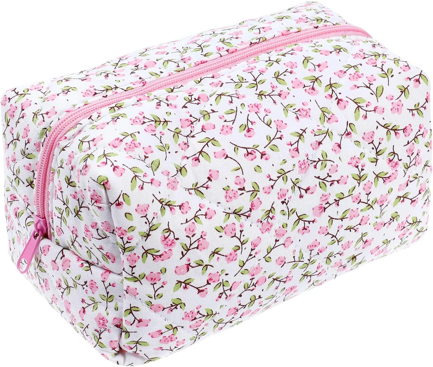 Quilted Makeup Bag, Floral Cosmetic Bag, Travel Coquette Aesthetic Makeup Pouch, Cute Pink MakeUp Organizer Bag, Coquette Cotton Portable Storage Zipper Toiletry Bag for Women
