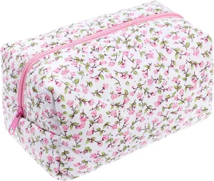 Quilted Makeup Bag, Floral Cosmetic Bag, Travel Coquette Aesthetic Makeup Pouch, Cute Pink MakeUp Organizer Bag, Coquette Cotton Portable Storage Zipper Toiletry Bag for Women