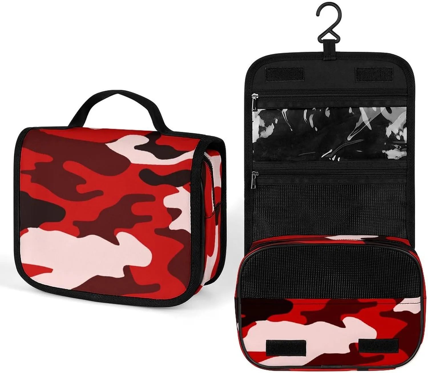 Red Black Camouflage Travel Toiletry Bag Full Print Wash Makeup Bag Portable Cosmetic Organizer with Hook Handbag, 22.5x18.5cm, style, 202402239