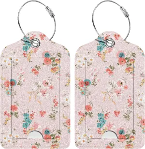 Rimilak 2 Pack PU Leather Luggage Tags for Suitcase, Travel Cruise Luggage Tag with Privacy Flap, Name ID Label and Metal Loop for Women Men Handbag School Bag Backpack, Pink Flowers